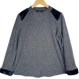 Joh Embellished Sweater Faux Fur Rhinestone Studs Gray Black Party Holiday M